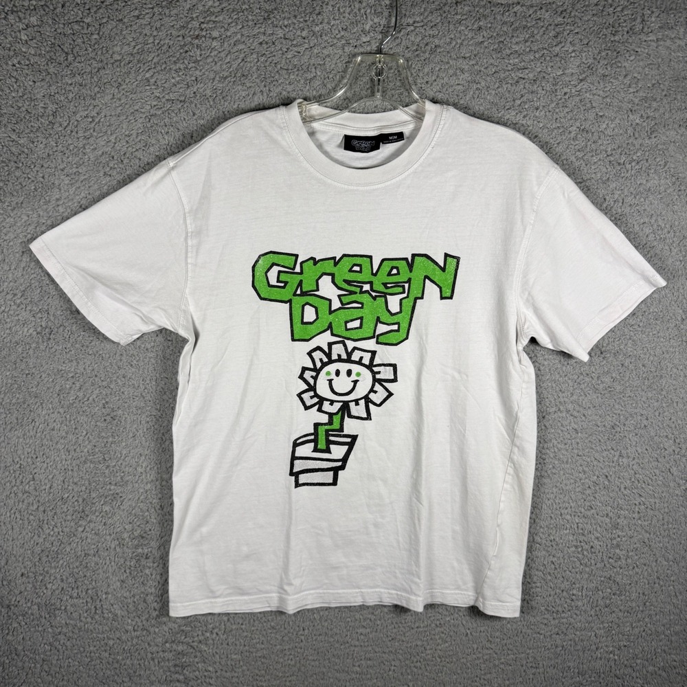 Green Day Mens White Graphic T-Shirt Flower Band Logo Punk Rock Tee Size M